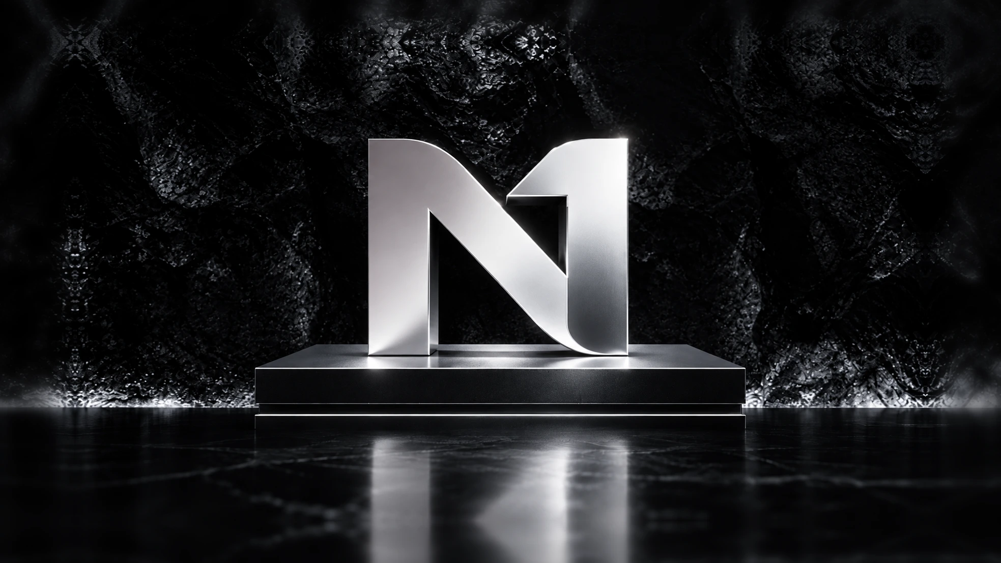 Símbolo N1 Digital em metal polido sobre um pedestal escuro